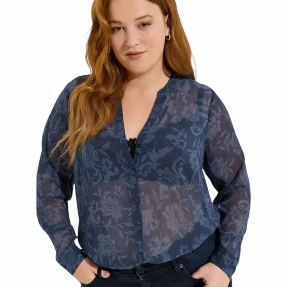 Torrid Plus Size Semi Sheer Chiffon Pullover Long Sleeve Blouse Royal Blue 2 EUC